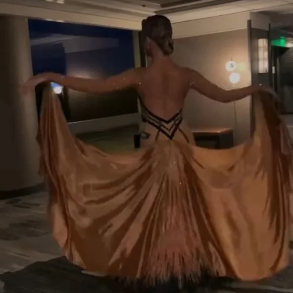 Luxury Golden Ballroom Feathered Dance Gown - Picture 3 of 6